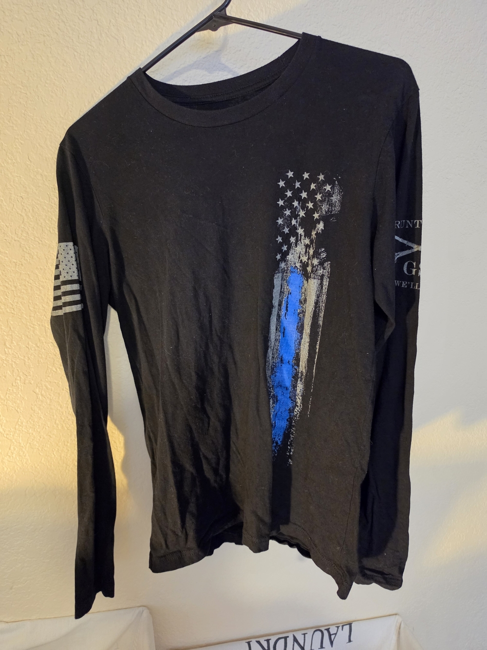 Grunt Style Black Long Sleeve Tee with Blue Flag Accent